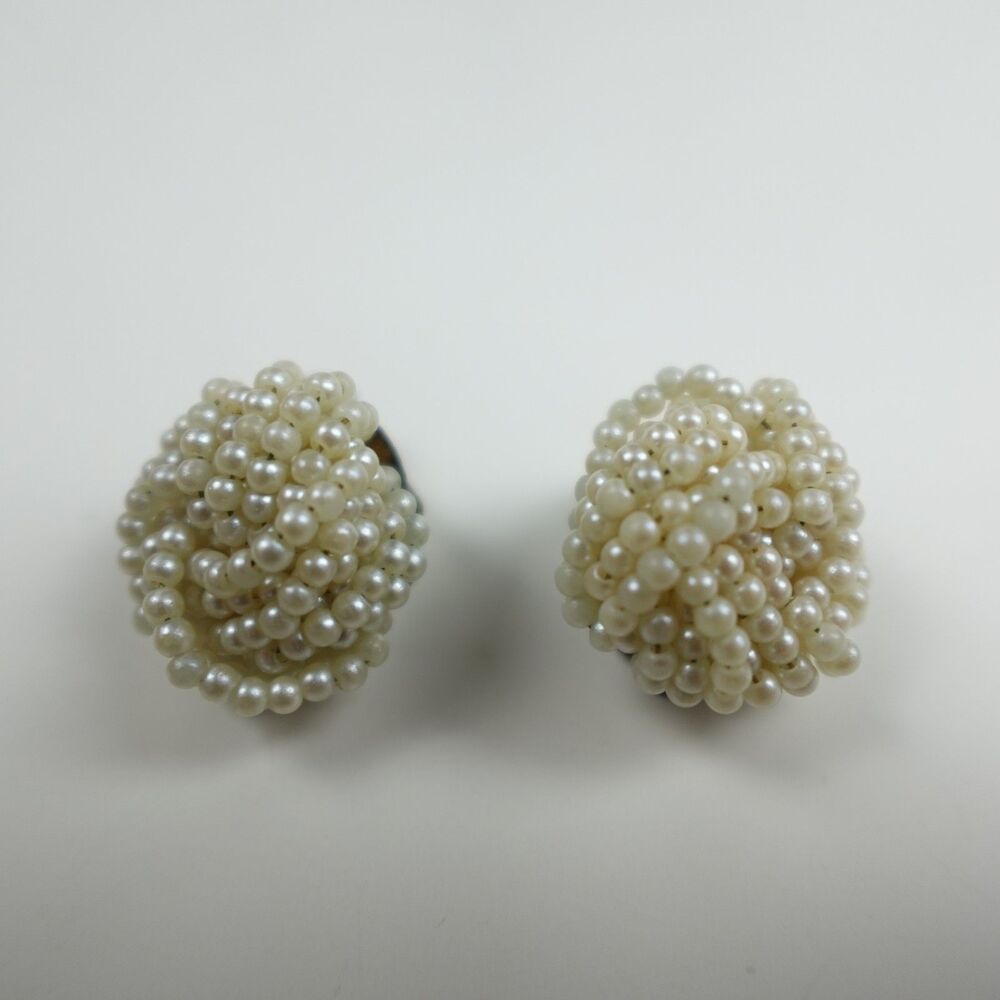 Vintage Faux Pearl Cluster Clip-On Earrings Cream Gold Tone Round Dome Style
